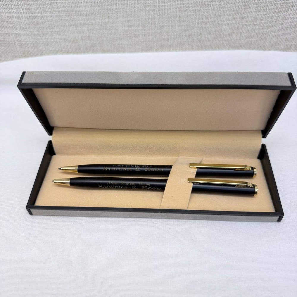 Vintage Personalized Matte Black & Gold Pen and Pencil Set with Case Taiwan